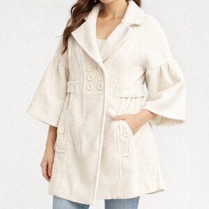 AB Studio White Textured Coat Size 12 | Belted Button Front | Parisian Chic 2026